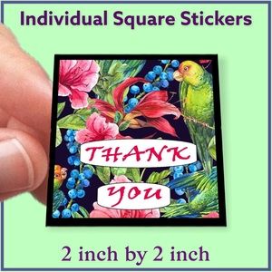 100 (2x2 Inch) Square Stickers, Tropical Parrot Hibiscus High Gloss, Thank You